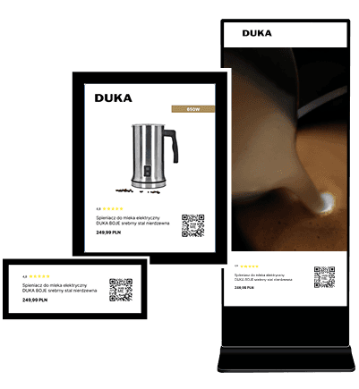 DUKA product kiosk with matching paper price label and ESL