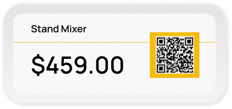 Sample shelf-edge label template: Stand Mixer $459.00 with QR code